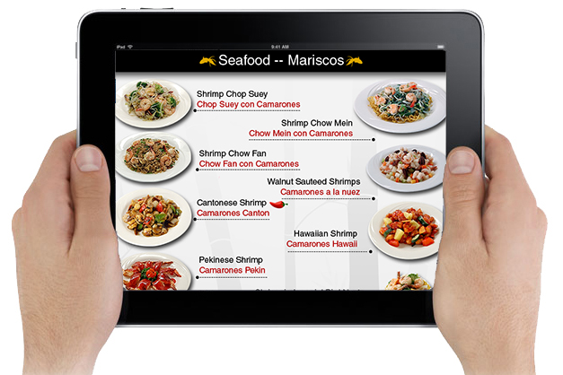 Menú digital de restaurante en iPad con platos de mariscos
